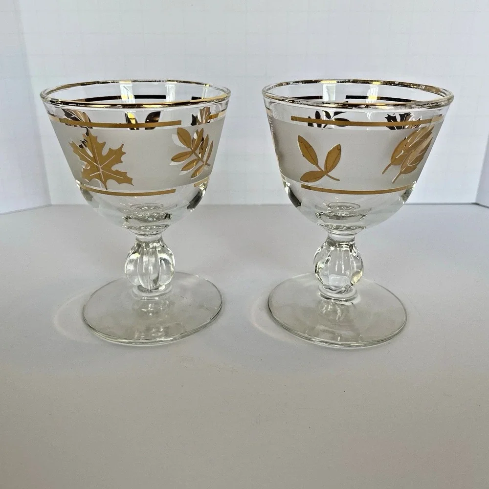 Vtg Frosted GOLD LEAF Sherbet Glass Set‎ of 2 Mid Century - 3 7/8